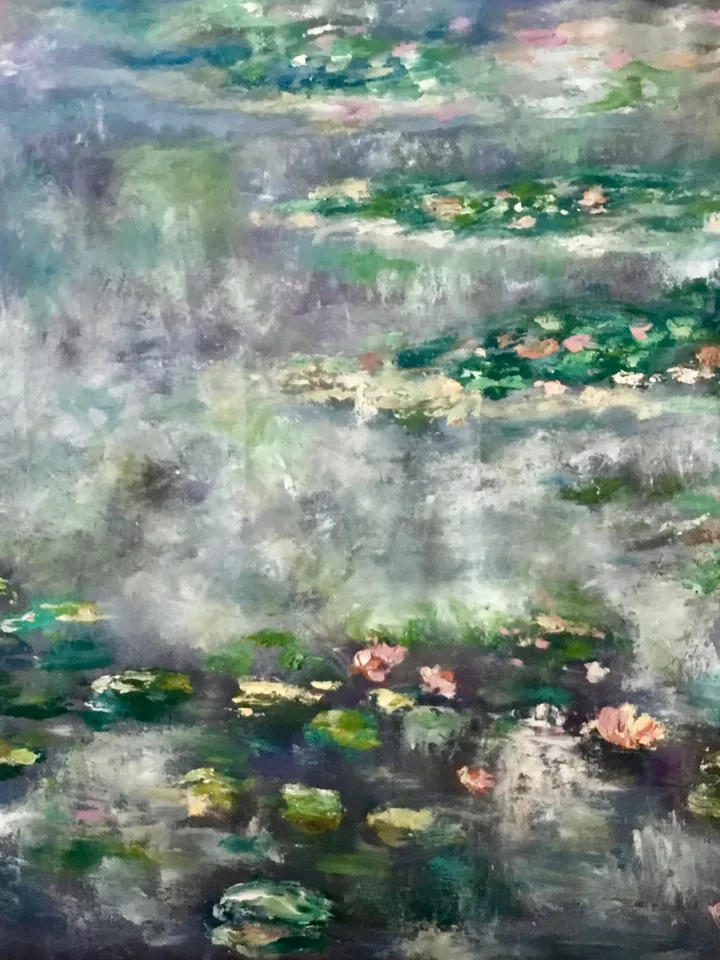 Waterlillies pond large canvas,original oil painting on unstretched canvas,Monet inspired,foggy landscape,home decoration wall hanging.