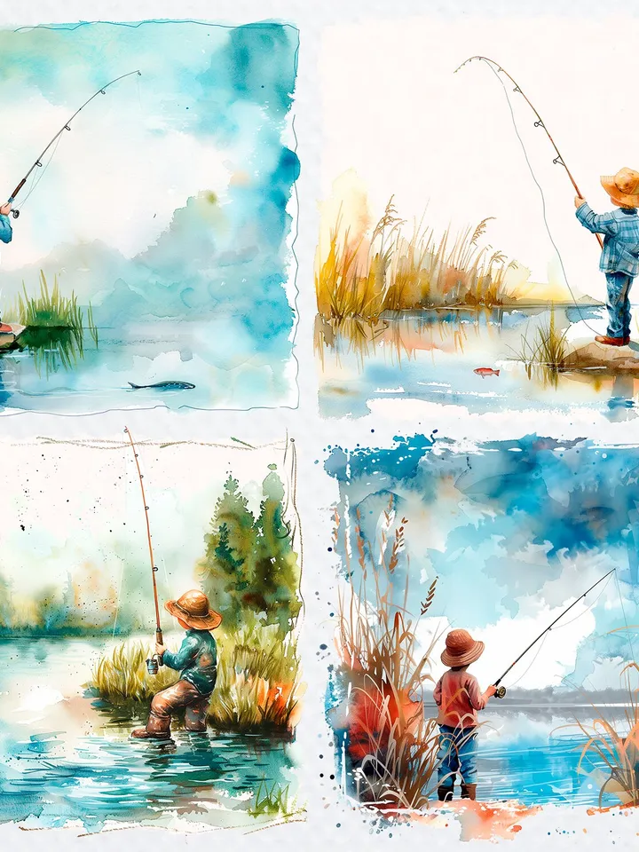 20 PNG Kid Fishing Clipart Bundle, Little Boy Fishing, Watercolor clipart for sublimation , Digital download, Paper craft, Junk Journal