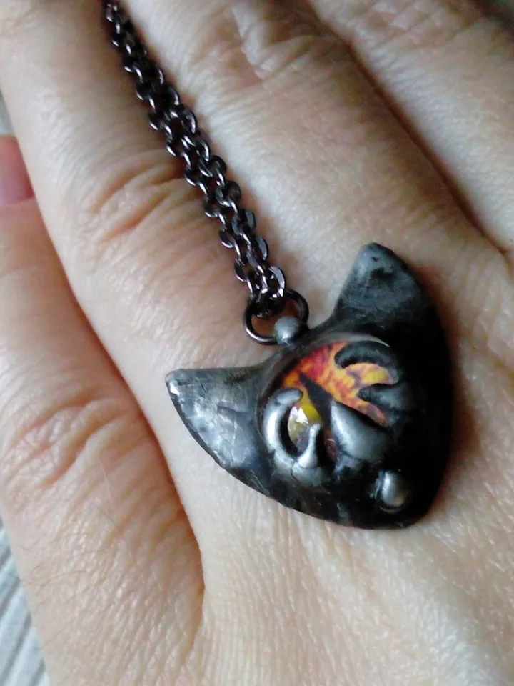 CAT necklace, cat eye tin soldered pendant, cat lovers jewelry, Halloween necklace, witchy aesthetic, goth bat pendant