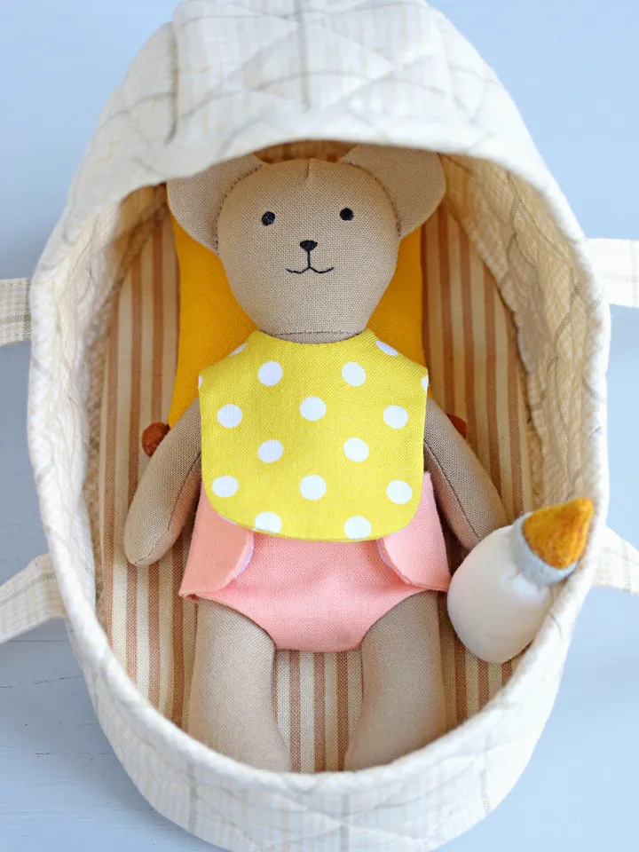 2 PDF Mini Bear Stuffed Animal with Baby Set and Hooded Sleeping Basket Sewing Patterns Bundle