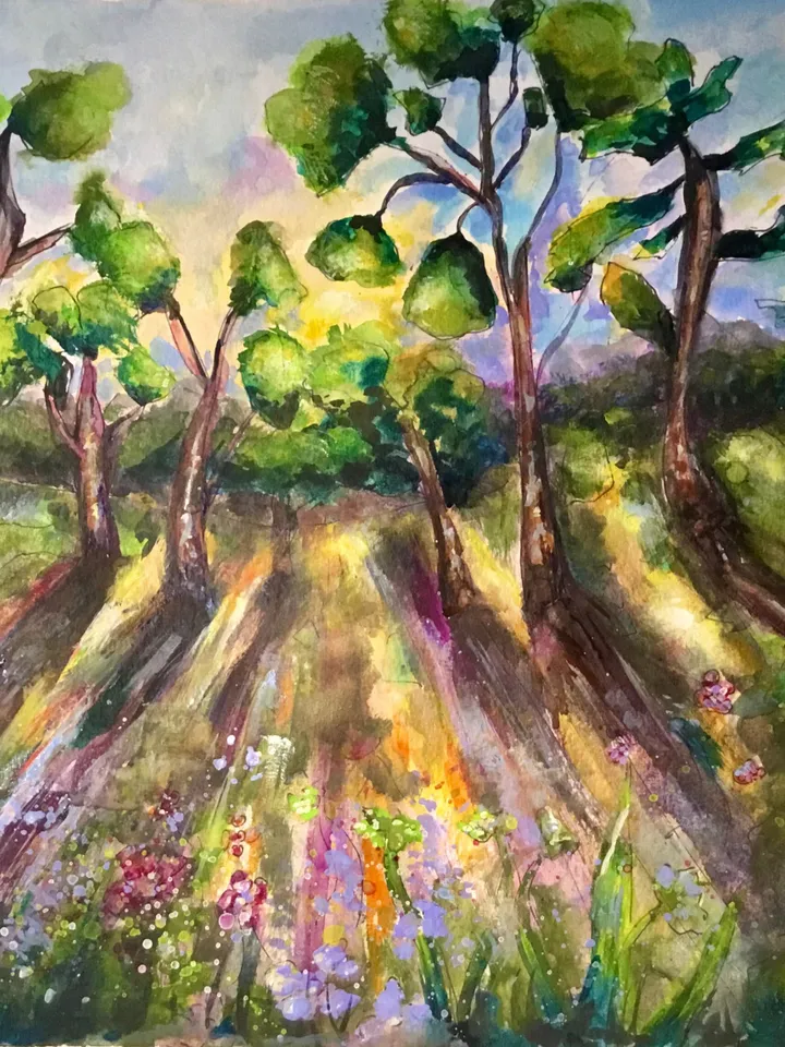 Fantasy landscape original watercolour painting,trees and flower fields on sunset,home decoration,wall hanging,gift.