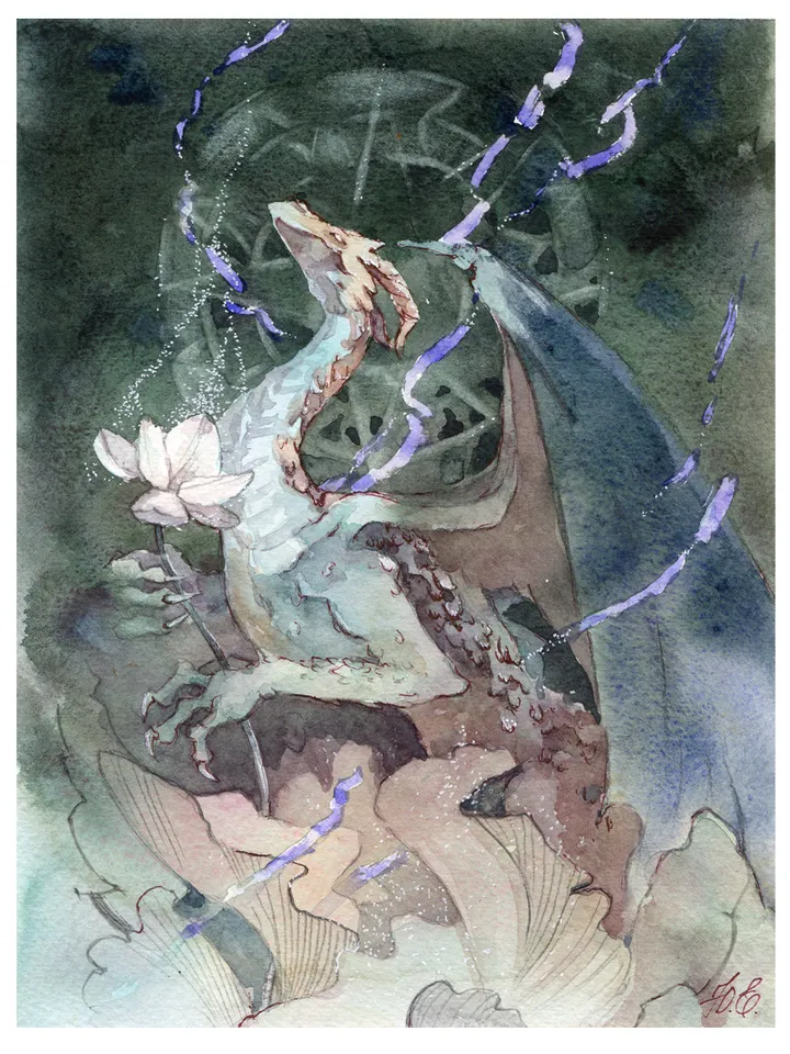 Lotus Dragon painting Original fantasy art by Yulia Evsyukova