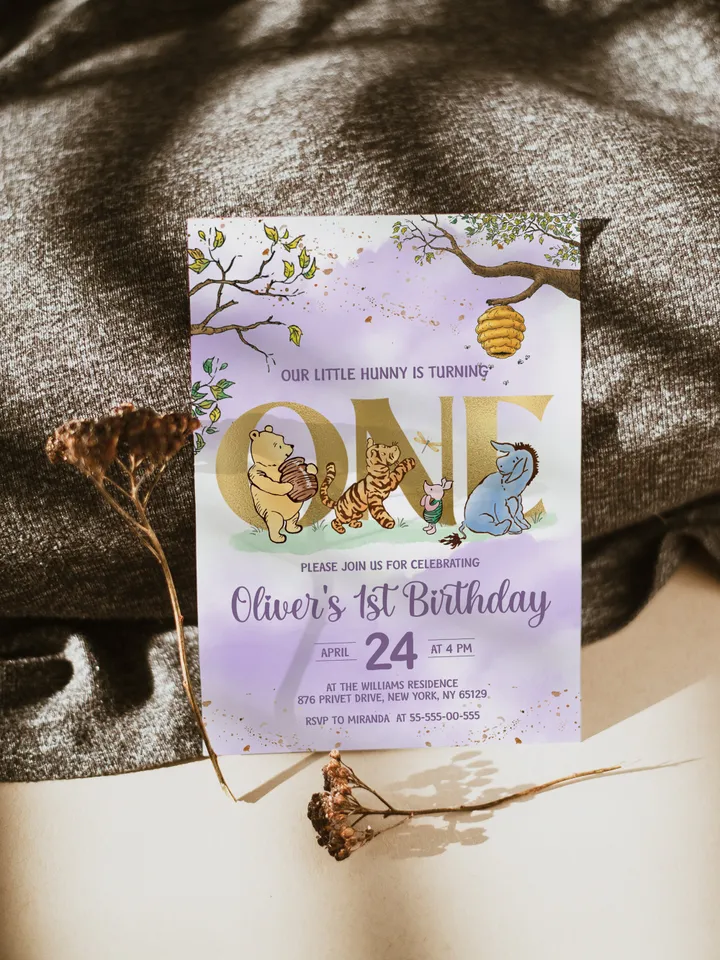 Classic Winnie Pooh Baby Birthday Invitation; Winnie Pooh Baby Birthday ; Greenery Baby Birthday; Honey Bear Birthday; Winnie Pooh wp
