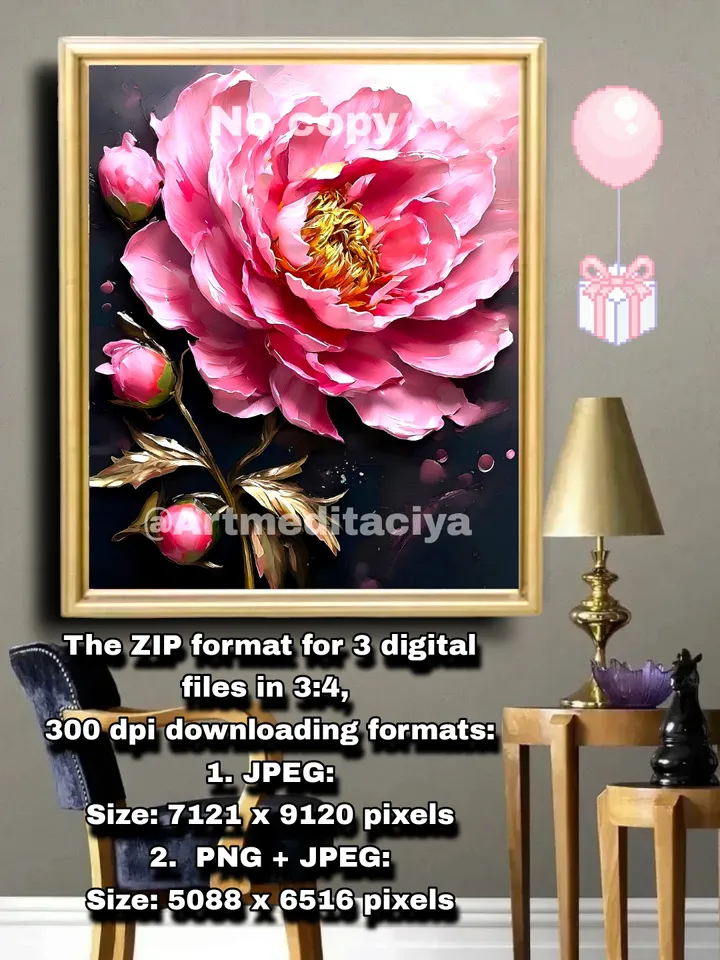 Modern digital painting "Luxury Peony" is an interior painting of a pink peony with buds on a dark contrasting background in the style of oil painting as a gift for getting to know me