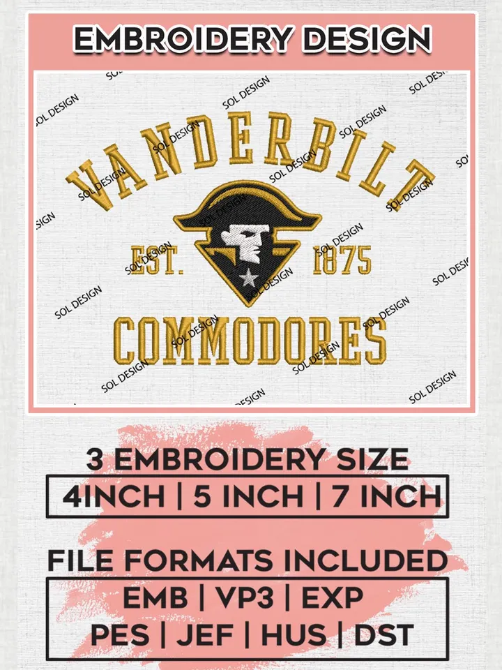 Vanderbilt Commodores Est 1875 Embroidery Designs, NCAA Vanderbilt Commodores Team Embroidery, NCAA Team Logo, 3 sizes, Machine embroidery Files, Digital Download