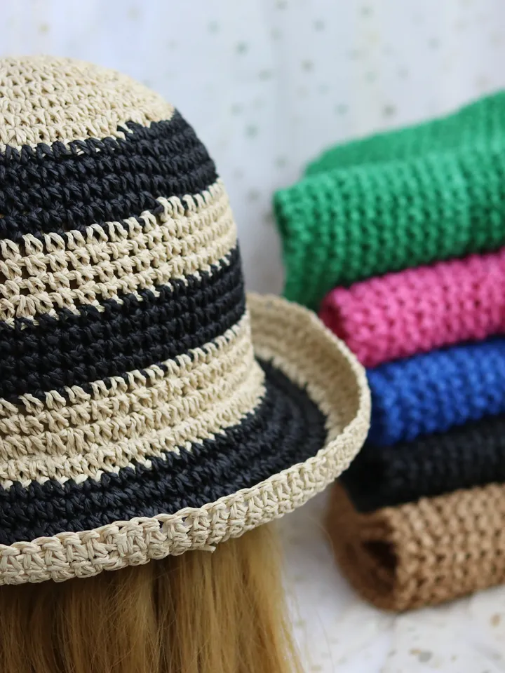 Straw hat women beach Panama bucket hot pink floppy holiday hat