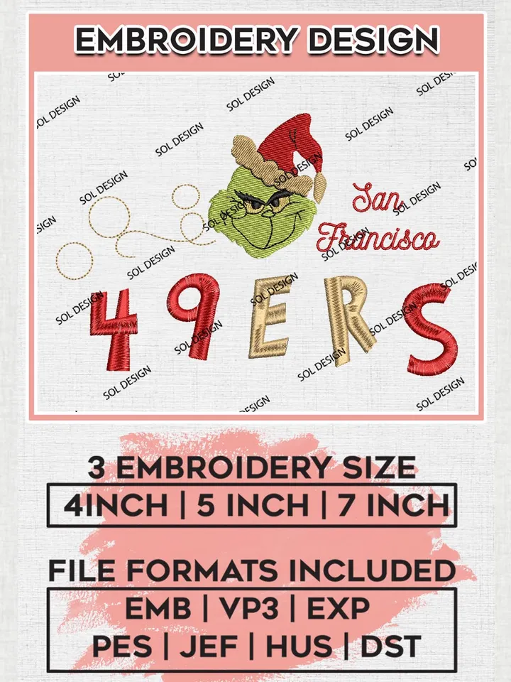 Christmas Grinch San Francisco 49ers Embroidery Designs, Grinch Embroidery Files, NFL 49ers Machine Embroidery Designs, NFL San Francisco 49ers Logo, NFL Christmas Machine Embroidery Design, Digital Download