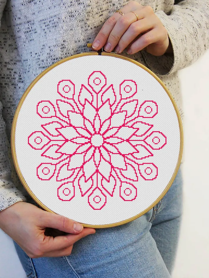 Easy mandala cross stitch pattern download PDf, Monochrome floral ornament cross stitch chart, Quick beginner stitch, DIY Home decor #M22
