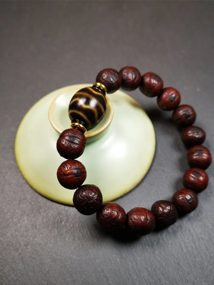Gandhanra Unique Tibetan Dalo Dzi Bead Bracelet(30 Years Old), Fortune Wave Dzi with Old Bodhi Beads,Fit for 15-19cm Wrist