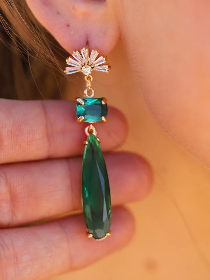 Emerald Statement Wedding Earrings, Swarovski Crystal Chandelier Bridal Earrings, Teardrop Gatsby Earrings, Art Deco Statement Jewelry, Gift