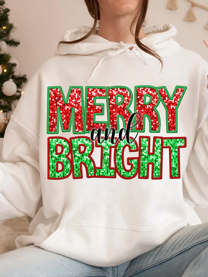 Merry And Bright Sequin PNG, Christmas Faux embroidery Red and Green sequins PNG, Glitter Sequin sparkle Xmas Sublimation Design