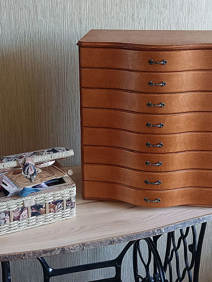 Floss storage cabinet for DMC floss bobbins and skeins, Stitching drawer box with curved faces in vintage style