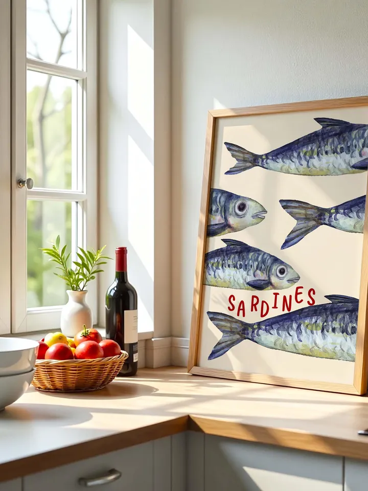 Sardine Wall Art, Sardines Tin Fish Poster, Colorful Kitchen Print, Maximalist Home Decor, Vintage Style Digital Artwork, Retro Sardine Art