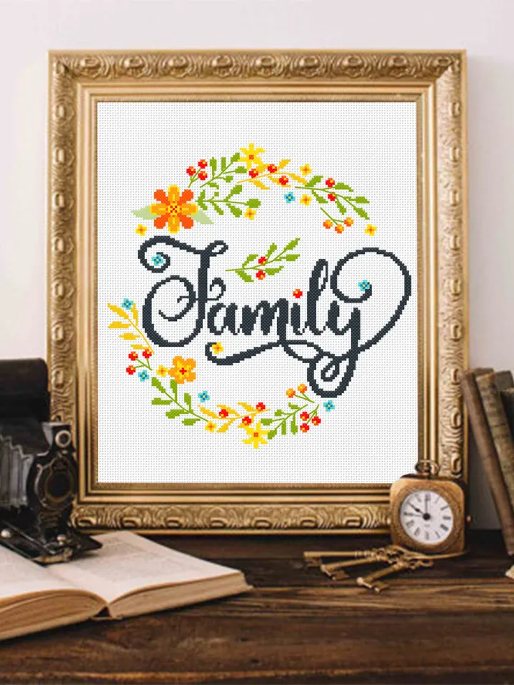 Family sign cross stitch pattern download PDF Framed quote cross stitch chart, Flower wreath cross stitch, Family wall decor #Q19