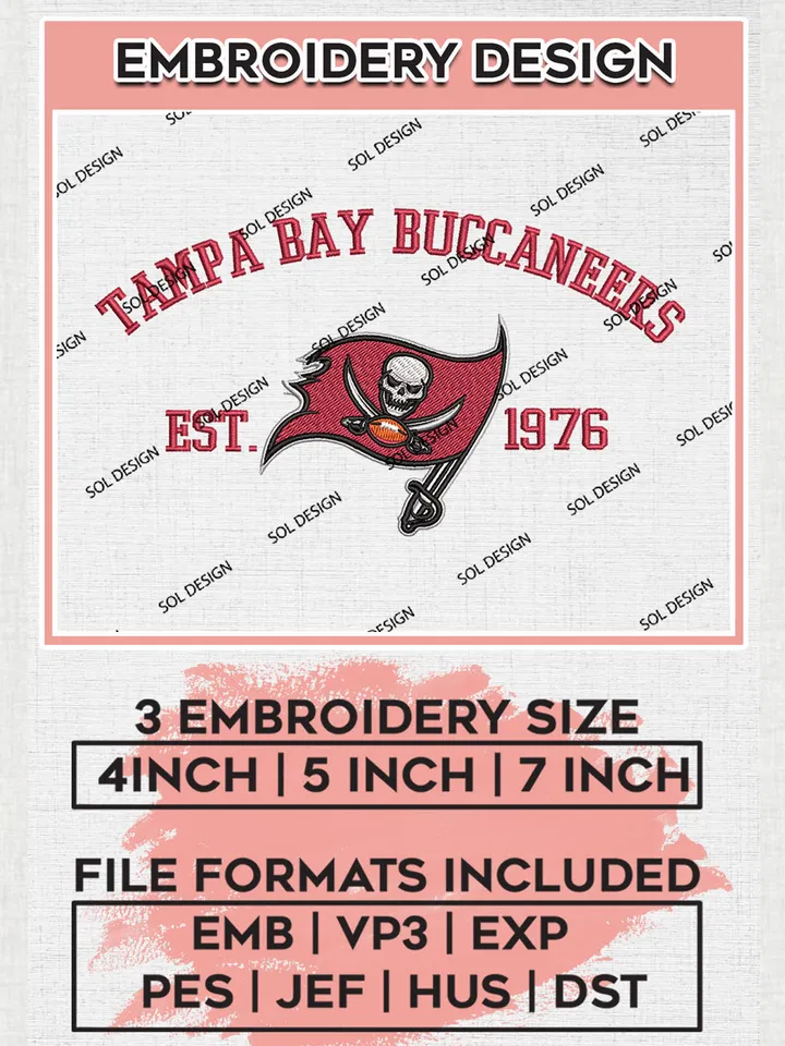 Tampa Bay Buccaneers Est 1976 Embroidery Designs, NFL Buccaneers, NFL Embroidery Designs, NFL Tampa Bay Buccaneers Machine Embroidery Design, Digital Download