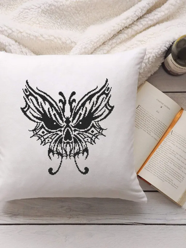 Skull butterfly cross stitch pattern PDF download Gothic skull cross stitch chart Spooky black butterfly embroidery PDF Halloween decor #H57