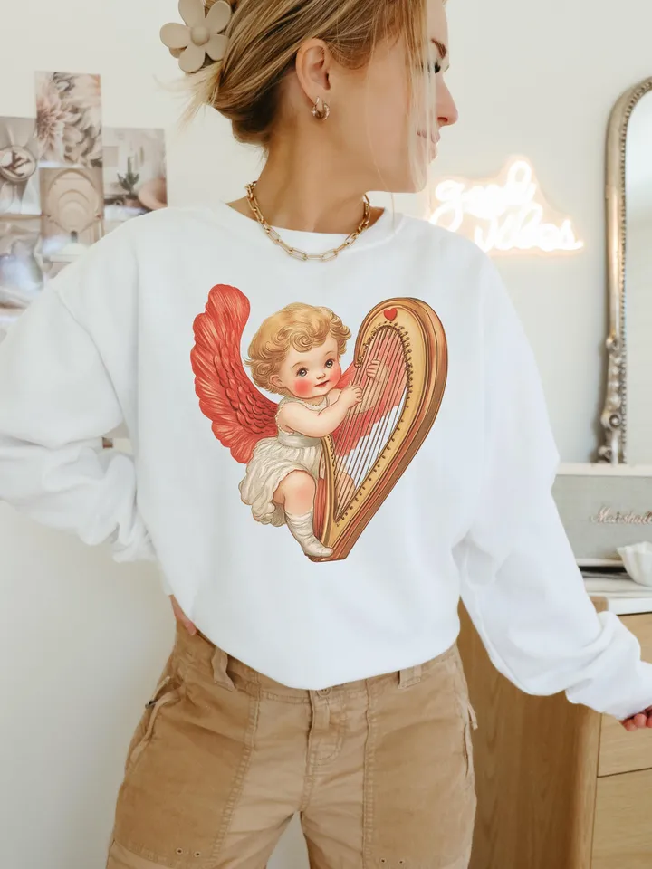 Retro Romantik Cupid Valentines Day PNG, Vintage Valentines Day png, Vintage Cupid With Harp png, Valentines Day png, Cupid png, vday shirt