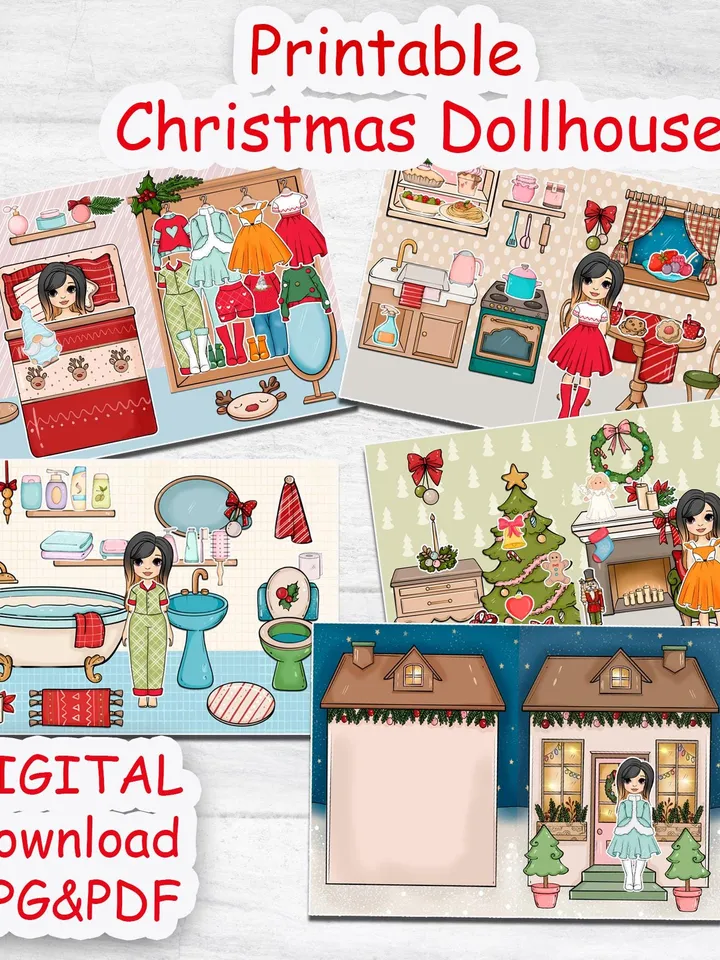 Christmas Paper doll house printable, printable doll with a set clothes, Holiday Blythe paper doll dress up, Busy book printable crafts kids