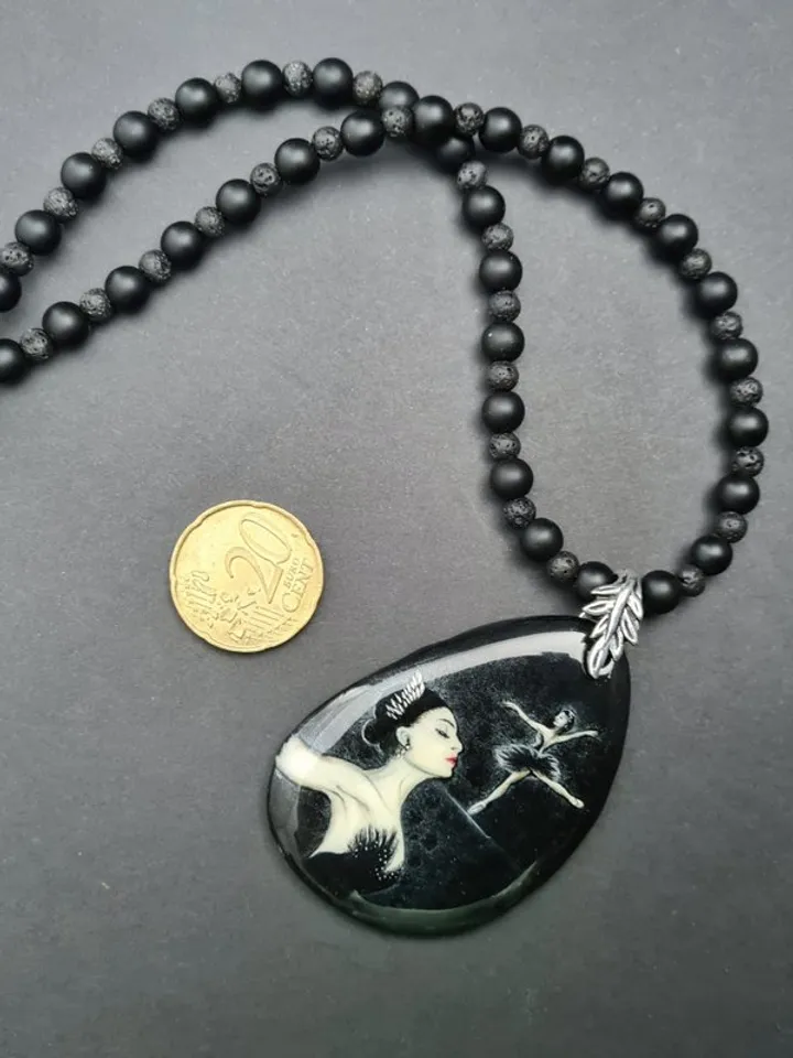 Necklace ballerina black swan Oil painting Miniature on agate One of a kind
