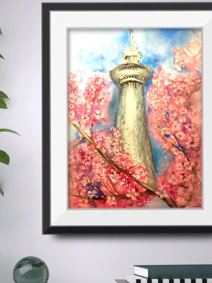 Japan painting,Tokio painting,original watercolour,pastel painting,sakura flowers wall art.