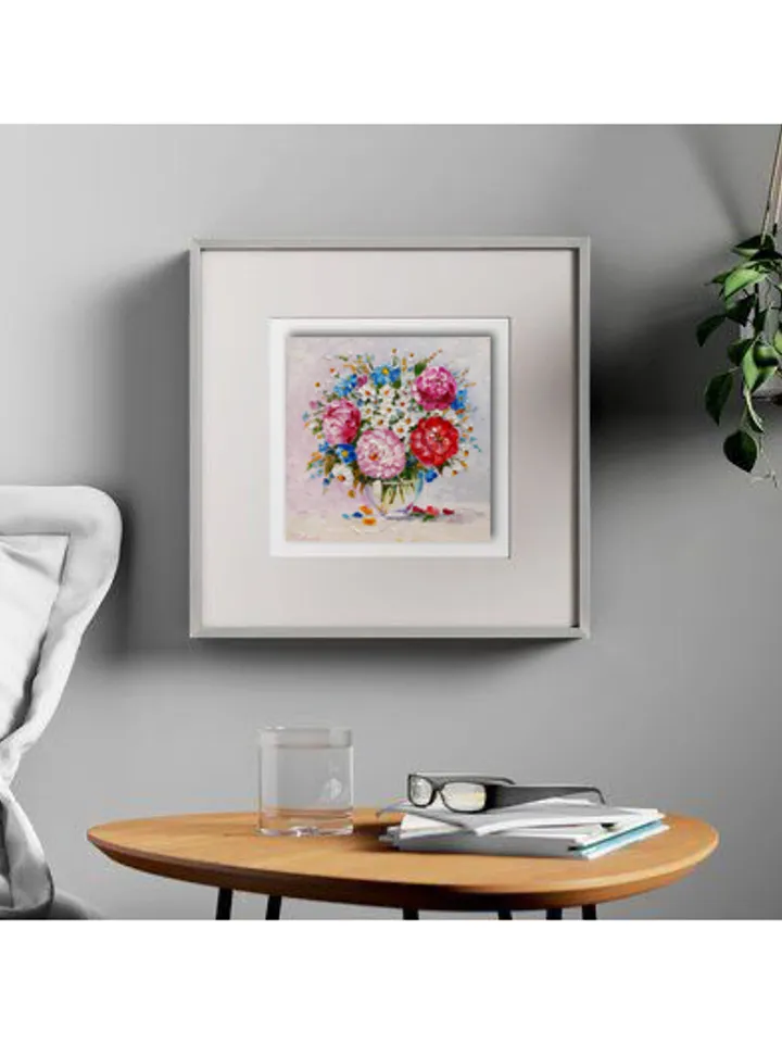 Original oil painting Peonies and Daisies Bright bouquet of flowers 8 by 8 inches (20x20cm) by OilPaintingNatali