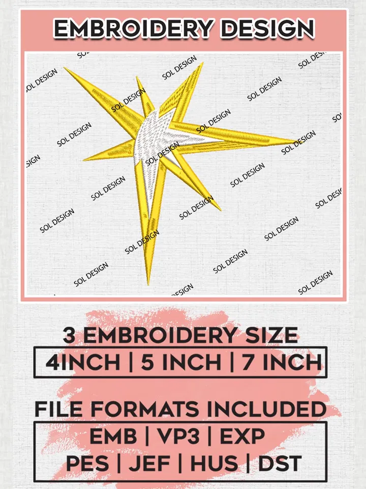 Tampa Bay Rays Star Logo Embroidery Files, MLB Tampa Bay Rays Team Embroidery, MLB Teams, 3 sizes, MLB Machine embroidery designs, Digital Download