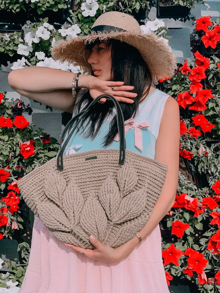 Crochet pattern bag with leaves PDF tutorial, market bag, vegan bag, tote bag, farmer bag, eco friendly bag, digital instant DIY