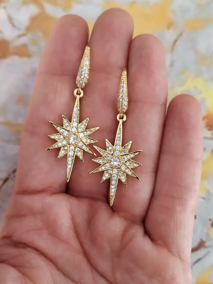 Gold Crystal Star Bridal Earrings | Gold Statement Earrings | Drop Wedding Earrings | Wedding Jewelry | Celestial Jewelry | Bridesmiad Gift