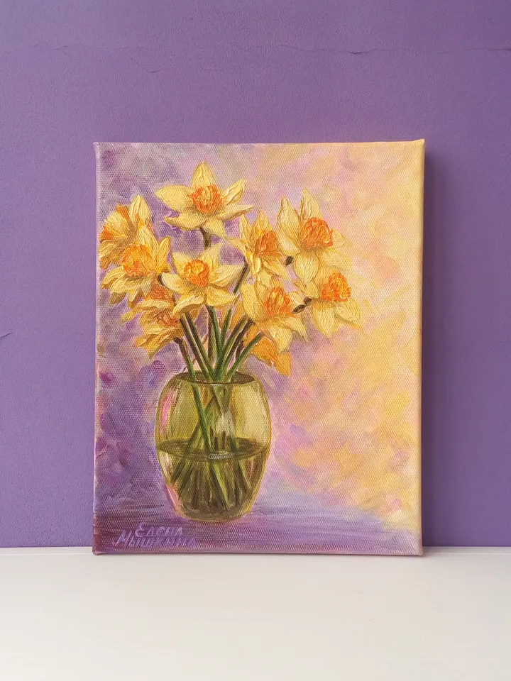 Painting with daffodils, Daffodils in a vase painting, Acrylic painting, Painting with flowers, Flowers painting, Daffodils art.