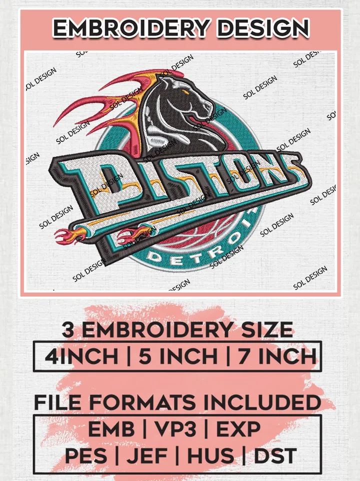 Detroit Pistons Embroidery Designs, NBA Logo Embroidery Files, NBA Pistons, Machine Embroidery Pattern, Digital Download