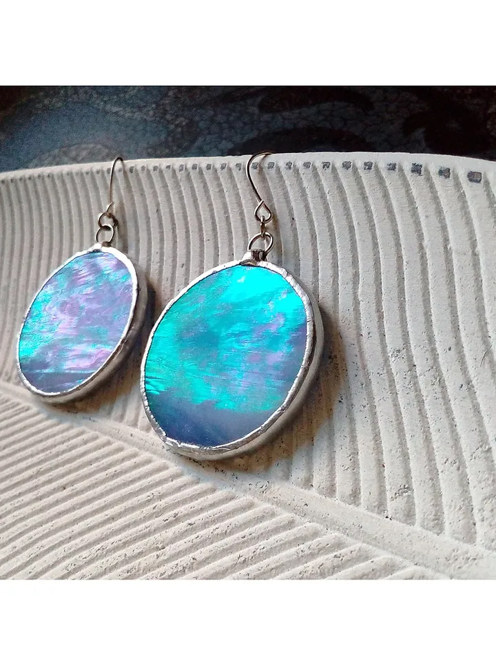 Iridescent stained glass blue earrings, Dichroic earrings, Duochrome earrings, Round stained glass