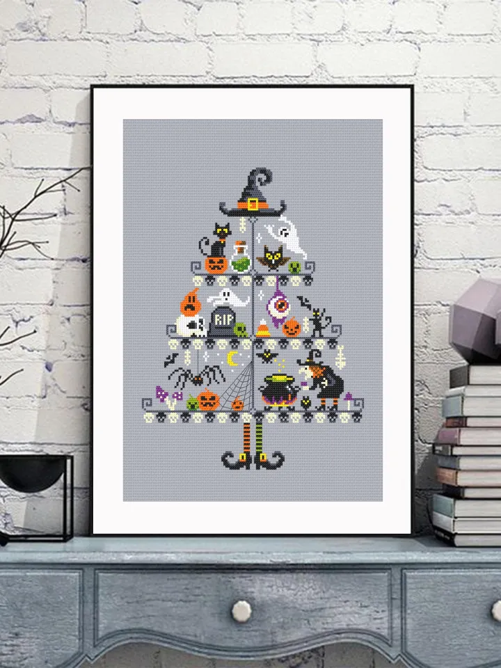 Halloween Christmas tree cross stitch pattern PDF download Witch cross stitch chart, Halloween pattern digital PDF Scary Christmas gift #H70