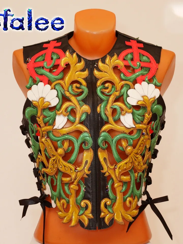 Chic Vest of genuine leather multicolored weaving plants flowers, perforation real leather waistcoat zippered summer.