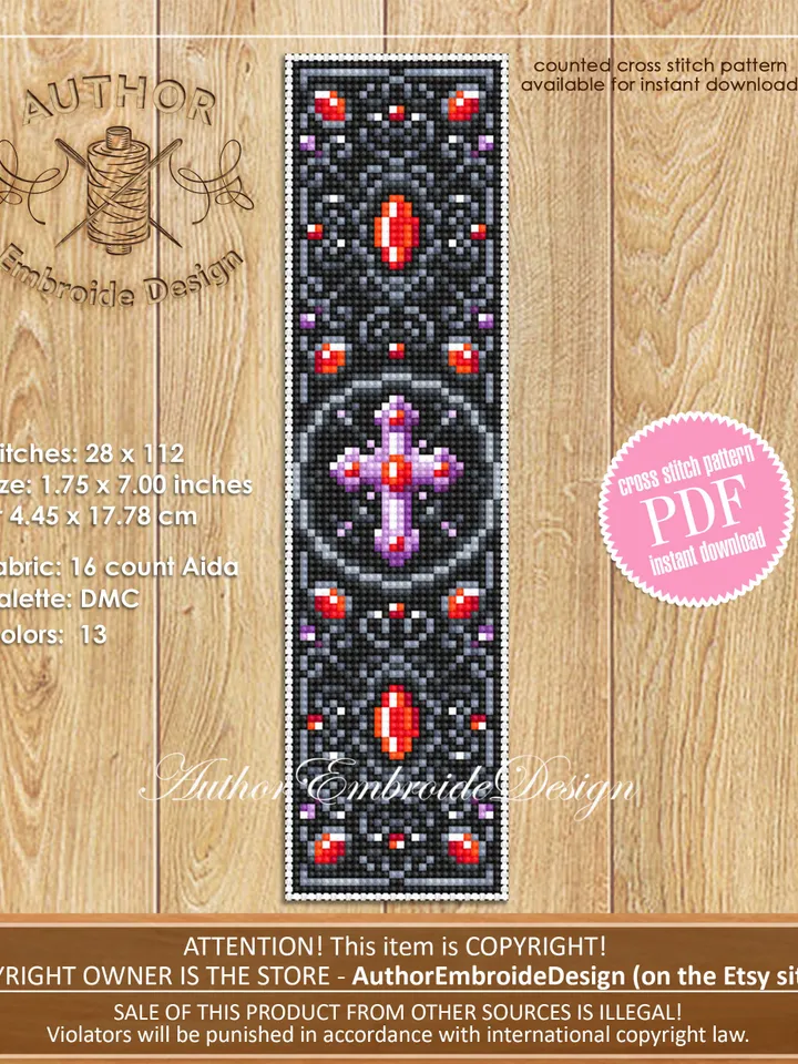 Gothic bookmark cross stitch pattern PDF download Vampire cross pattern digital PDF, Gothic cross stitch chart, Religious bookmark #B292