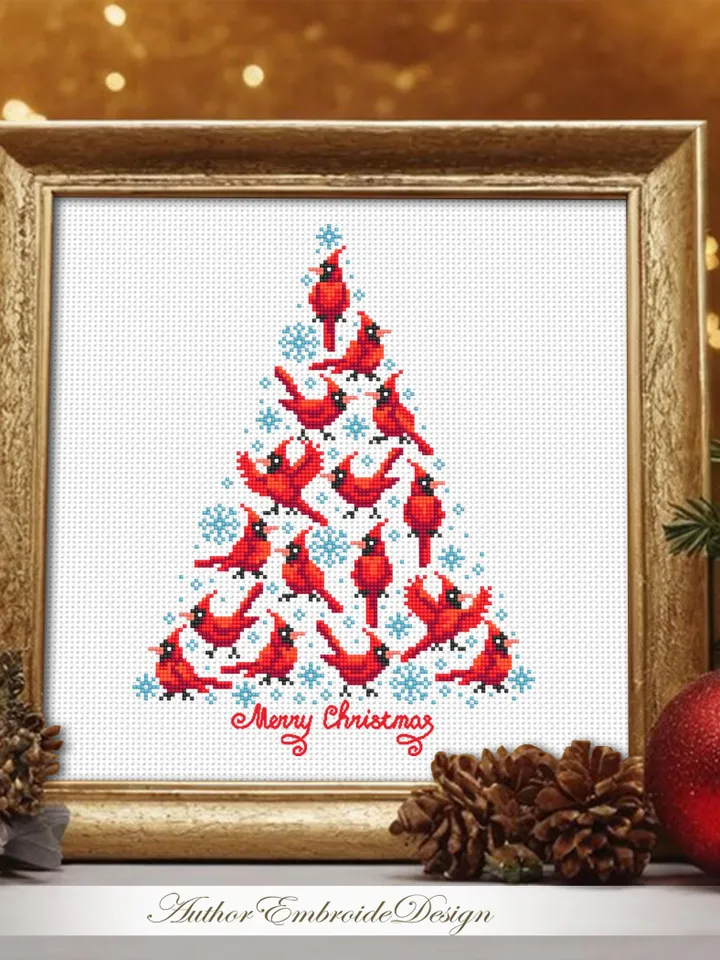 Christmas tree cardinal cross stitch pattern PDF download Red bird cross stitch chart, Christmas pattern digital, Cardinal embroidery #N163