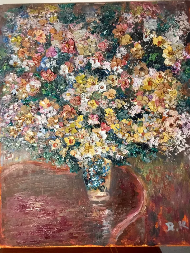Colourful bouquet of flowers in a vase,one of a kind,impressionistic textured impasto oil painting on 3d stretched canvas,wall decoration.