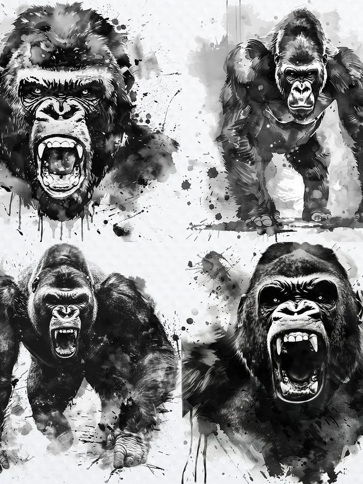 16 Angry Gorilla PNG Clipart, black and white Gorillas sublimation, Printable Watercolor Gorilla, Paper craft, junk journals