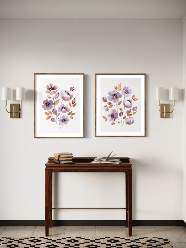 Purple Flowers Print, Watercolor Art Set Of 2, Farmhouse Decor ,Purple Wall Decor Print,Floral Wall Art, Flowers Decor, Purple Flowers Art