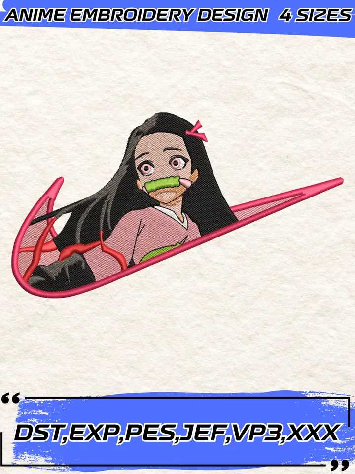 Swoosh Nezuko Embroidery Design File, Kimetsu No Yaiba Anime Embroidery Design,4 Sizes, Instant Download