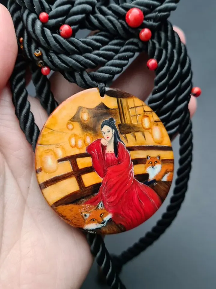 Kitsune necklace real oil painting miniature on jasper One of a kind Present OOA