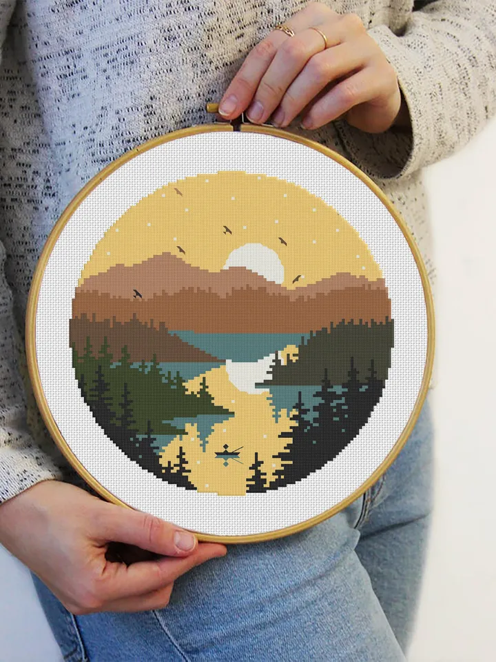 Nature cross stitch pattern download PDF Mountain landscape cross stitch Sunset xstitch chart Wildlife pattern digital PDF Lake xstitch #L30