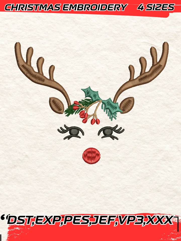 Reindeer Faces Embroidery Design,Christmas Embroidery Design,4 Sizes, Digital Download