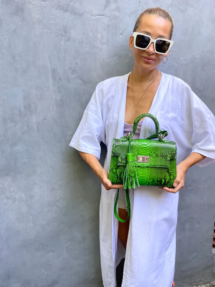 Top handle bright green classy genuine python skin bag | exotic leather bags | Elegant everyday women purse | snakeskin bag| designer bag