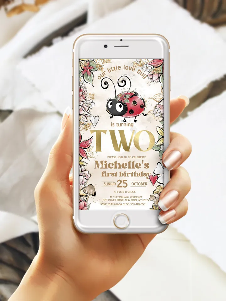 Editable Lady Bug 2st Birthday Electronic Invitation; Any age Lady bug birthday party template; Cute Girl Birthday Evite; Download lb1