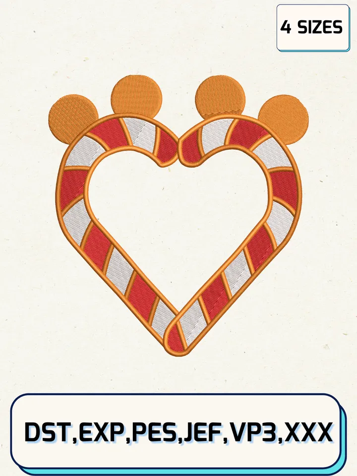 Disney Mickey Candy Heart Christmas Gingerbread Embroidery Design Files,Christmas Embroidery Designs,Machine Embroidery Files,4 Sizes