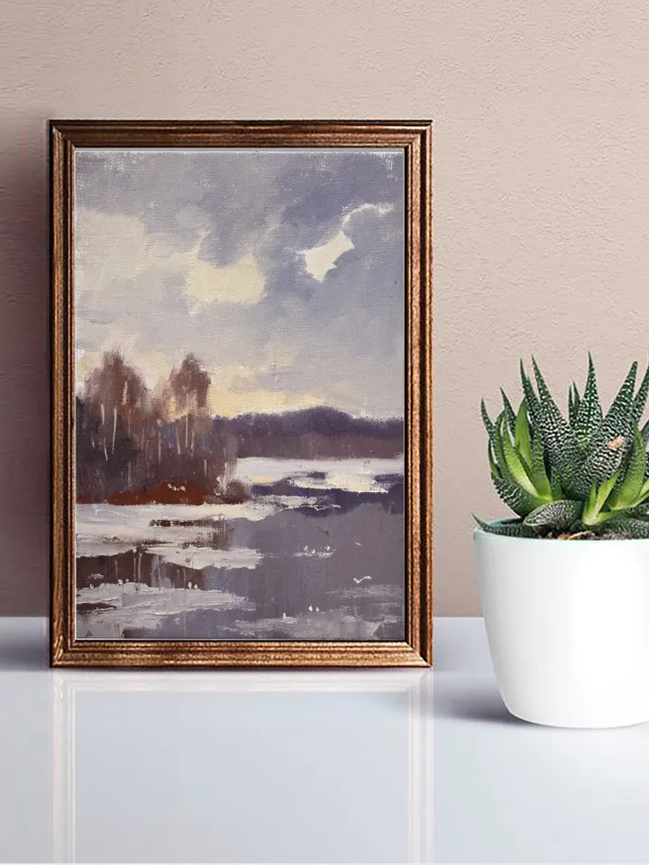 Winter lake landscape oil painting original. Small painting
