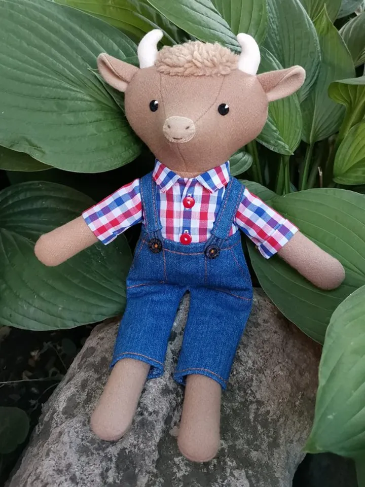 Beige bull, handmade plush cow doll, stuffed wool fabric toy, bull textile doll