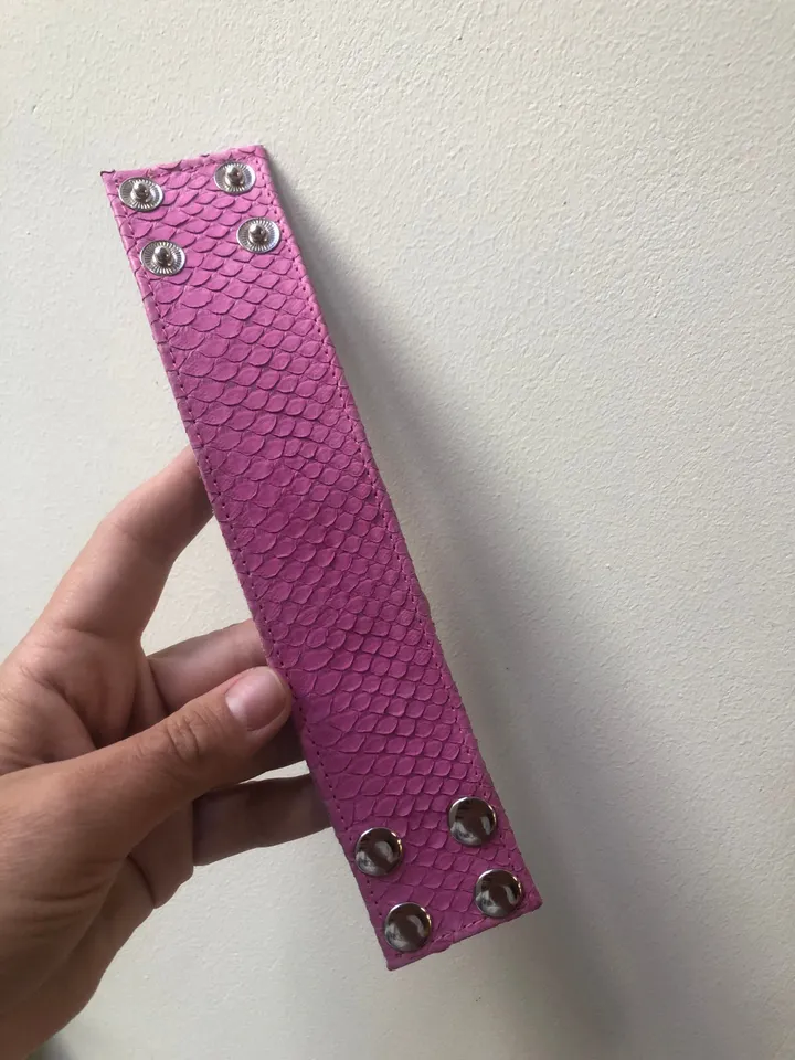 Pink Genuine Python Skin Bracelet | Wide leather women bracelet | Buttoned flat women bracelet | woman summer accesoiries | snake bracelet