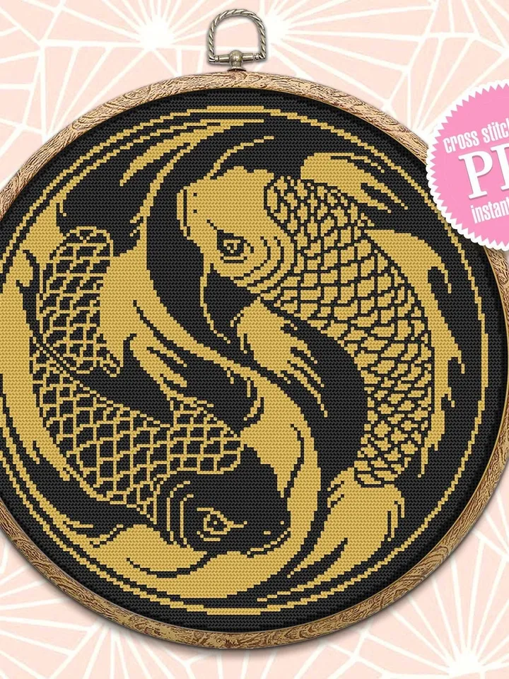 Koi fish Yin Yang cross stitch pattern download PDF, Mandala fish cross stitch chart, Yin and yang embroidery PDF, Japanese koi stitch #M183