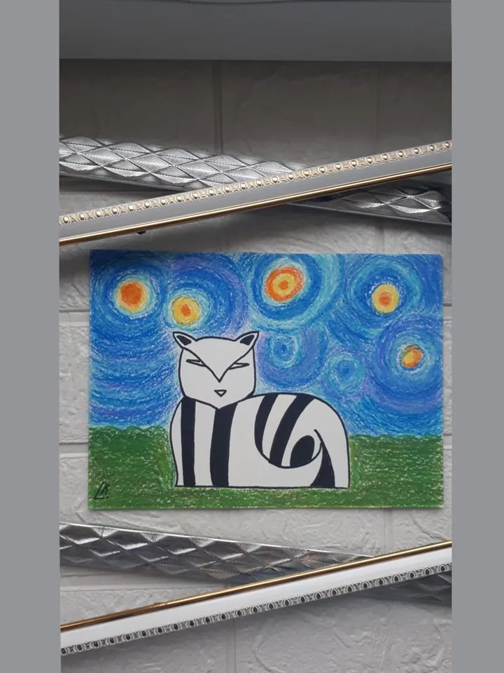 Cat Gogh Starry Night Oil Pastel Art, Abstract Artwork, Outsider Drawing